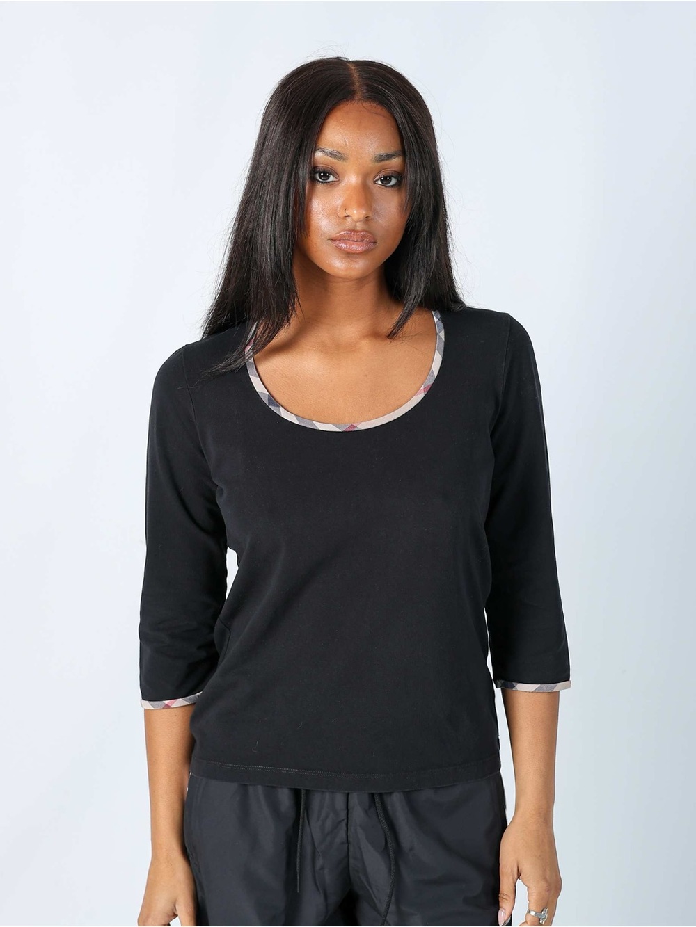 Burberry Black Scoop Neck 3/4 Sleeve Top with Signature Trim